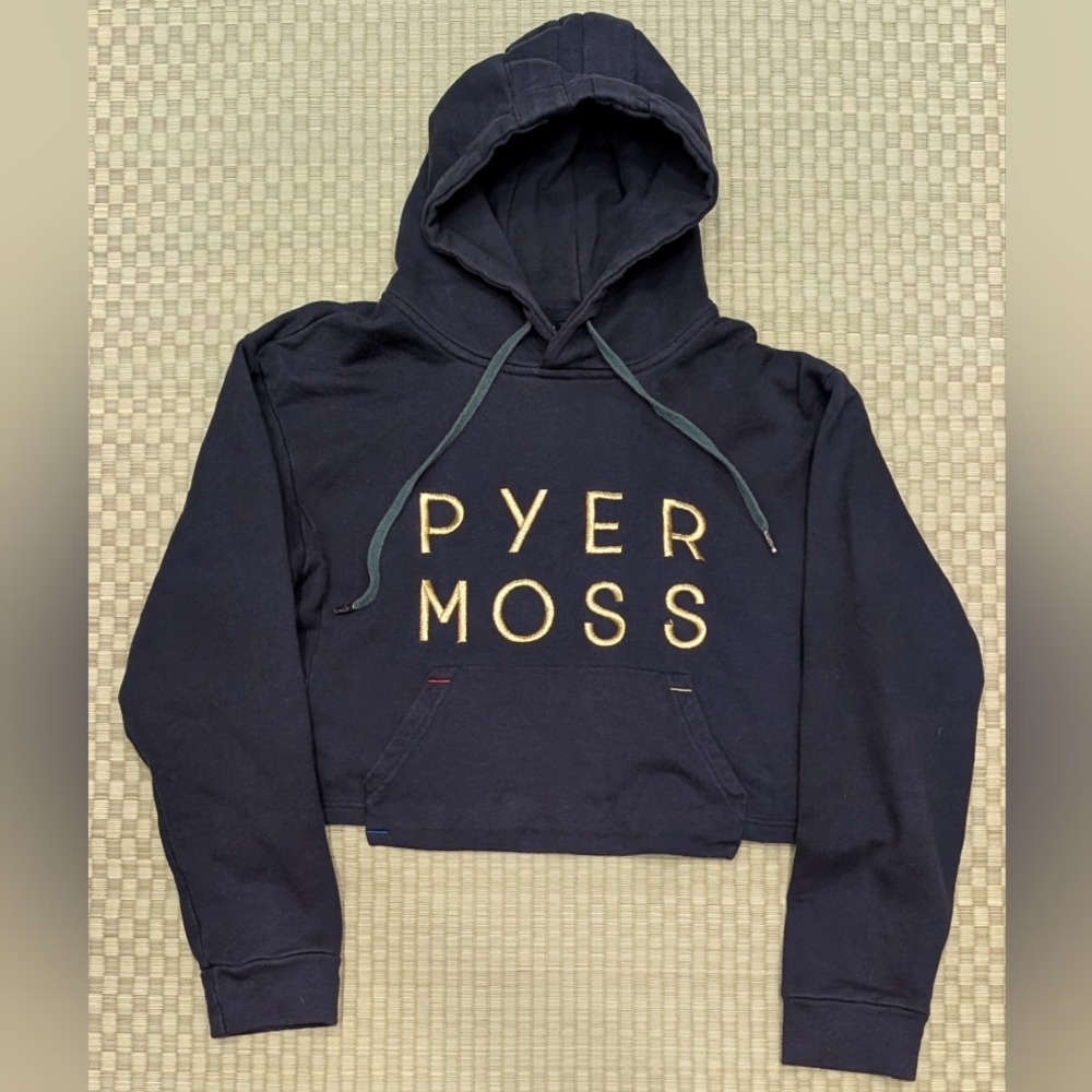 Pyer Moss Classic Logo Cropped Hoodie Navy Women's Size Small Made in Portugal